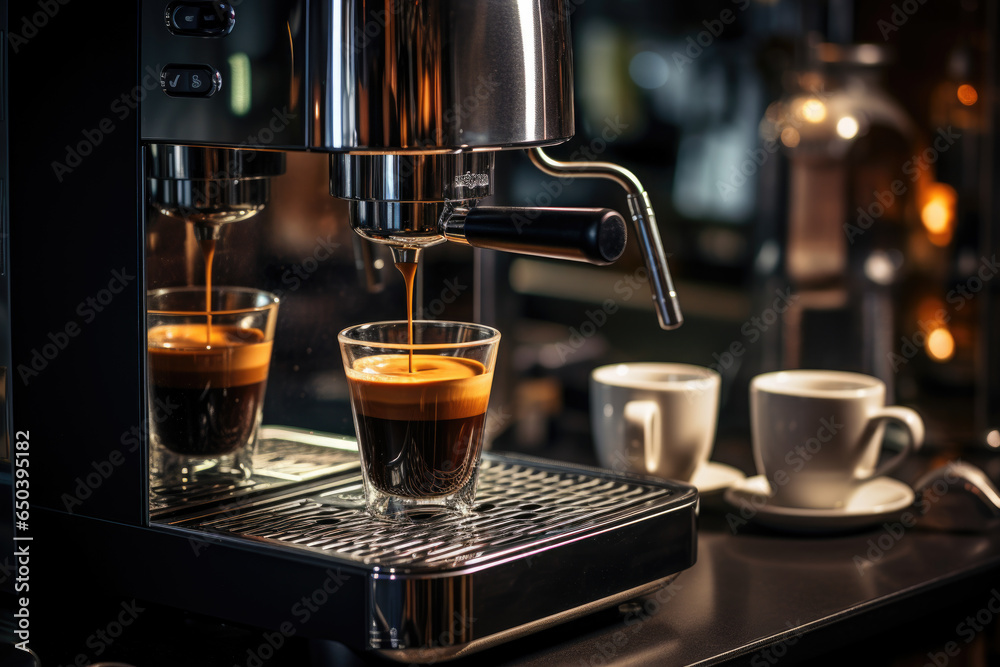A sleek and modern coffee maker brewing a fresh cup of aromatic coffee, ready to kickstart the day. Generative Ai. A sleek and modern coffee maker brewing a fresh cup of aromatic coffee, ready to kickstart the day. Generative Ai.