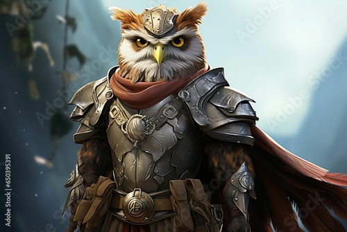 Majestic owl wearing a knight's outfit, AI-generated.