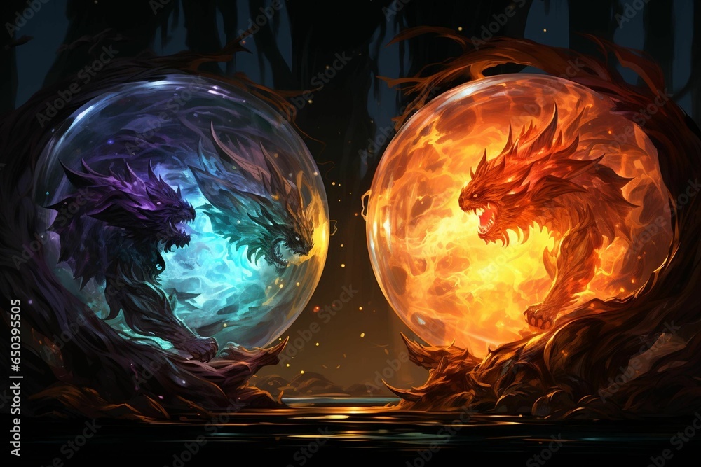 AI generated illustration of two mythical dragons in a dramatic battle inside blue and orange globes