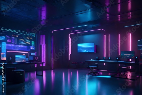 3d render Interior of a cyberpunk colorful streaming and gaming studio for streamers . © Ahtesham