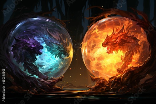 AI generated illustration of two mythical dragons in a dramatic battle inside blue and orange globes