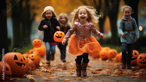 AI generated illustration of young sisters wearing Halloween costumes running down a street