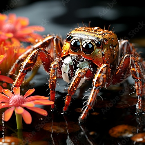 AI generated illustration of a spider perched atop a flower, with water droplets