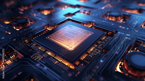 Close-up of a circuit board containing a processor chip, illuminated against a blue background