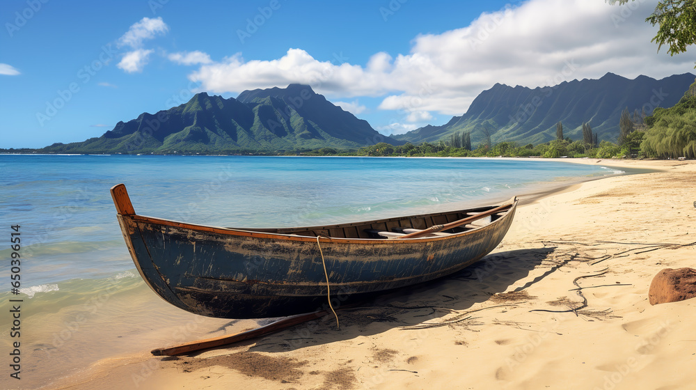 Traditional Hawaiian Canoe Resting on the Sandy Beach Shore. ai generative
