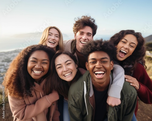 Of happy diverse people standing in an outdoor rural setting smiling together. Ai generated