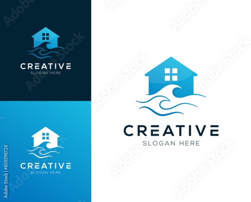 Wave house, ocean house, logo design vector illustration