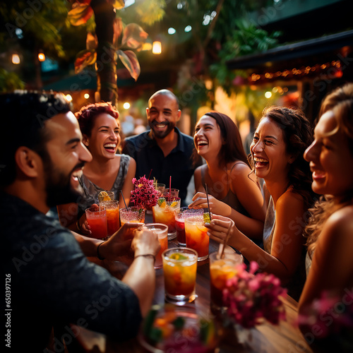 Grupo de amigos felices y sonrientes disfrutando de cockteles  juntos en una reunión 