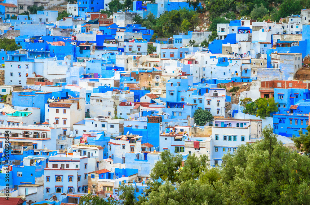 Aerial view of blue medina of city Chefchaouen, Morocco, Africa.