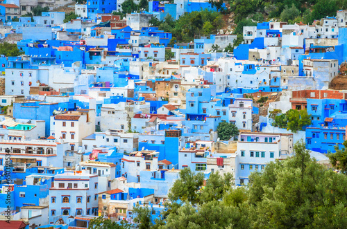 Obraz na płótnie Aerial view of blue medina of city Chefchaouen, Morocco, Africa. w salonie