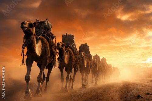 Desert-adapted Caravan camels. Africa travel ride. Generate Ai