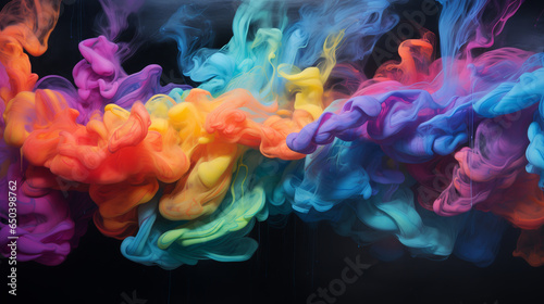 an abstract painting of colorful smoke on a black background with a black background. ai generative