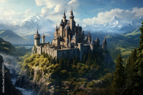 Majestic Castle medieval mountain. History ancient view. Generate Ai
