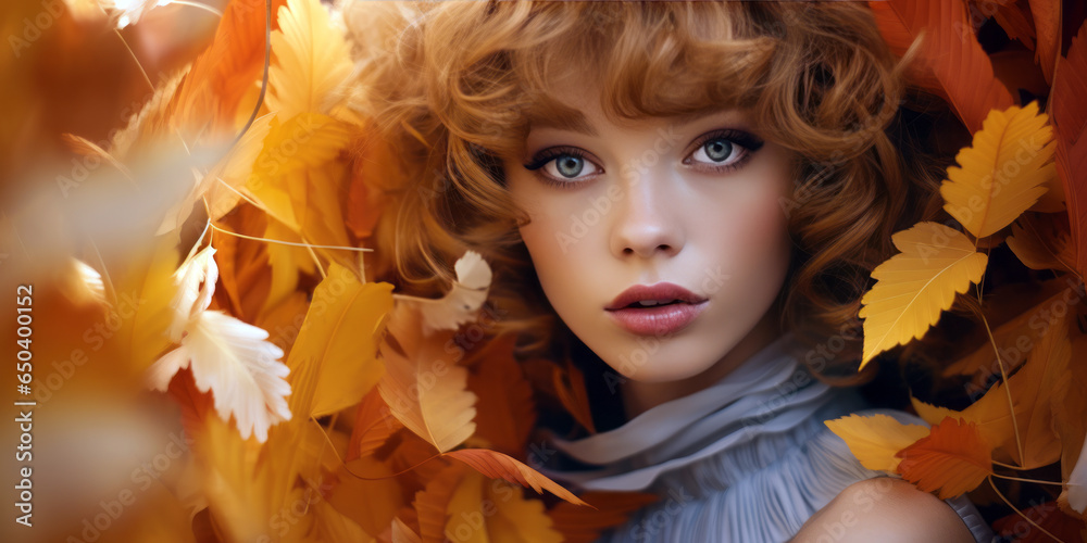 close-up of a model wearing autumn fashion, a backdrop of colorful leaves close-up of a model wearing autumn fashion, a backdrop of colorful leaves