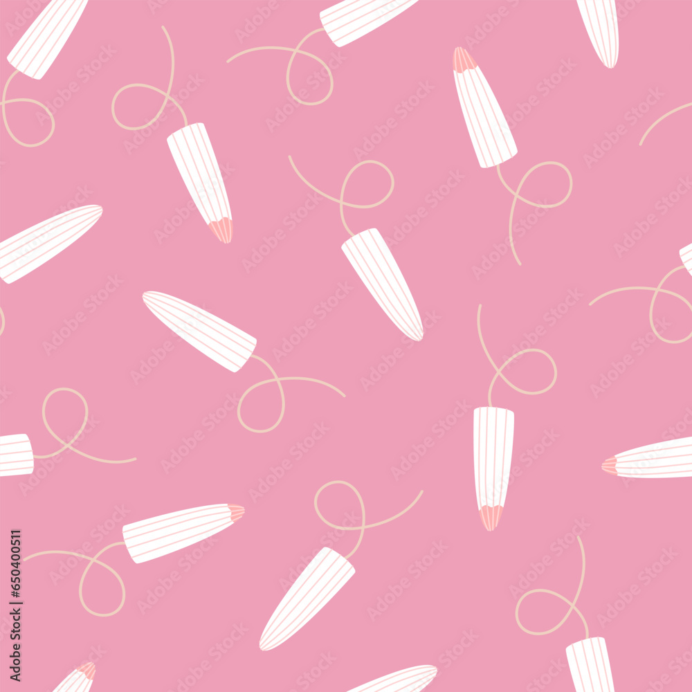 Vector cartoon seamless pattern with menstrual tampon. Isolated design on a white background. Vector cartoon seamless pattern with menstrual tampon. Isolated design on a white background.