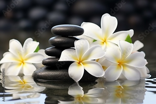 spa or meditation massage therapy center banner of white plumeria white flowers and stack of black stones   Generative AI