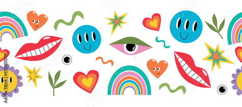 Seamless border in cartoon style. Vector groove elements. A bright, crazy decoration for your product.