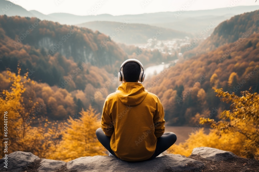 Backview of a man sitting on the hill in the autumn mountains. Meditation, tranqulility, relaxation, mental health concept