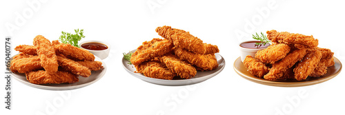 a set of fried chicken strips on a plate isolated on a transparent background