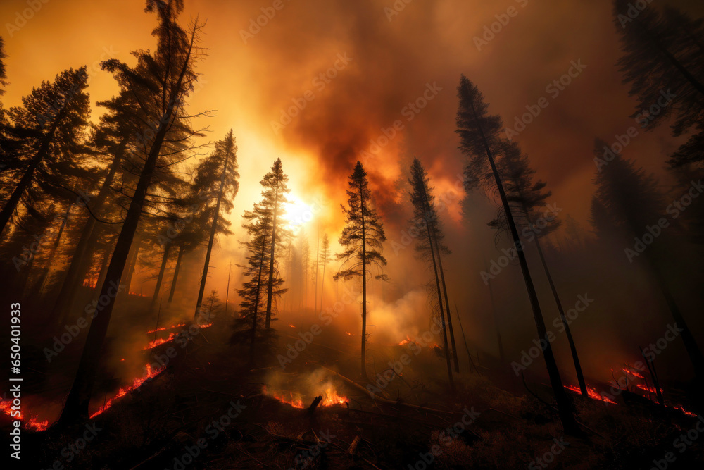 very powerful forest fire, fire and smoke cover the sky, view fr