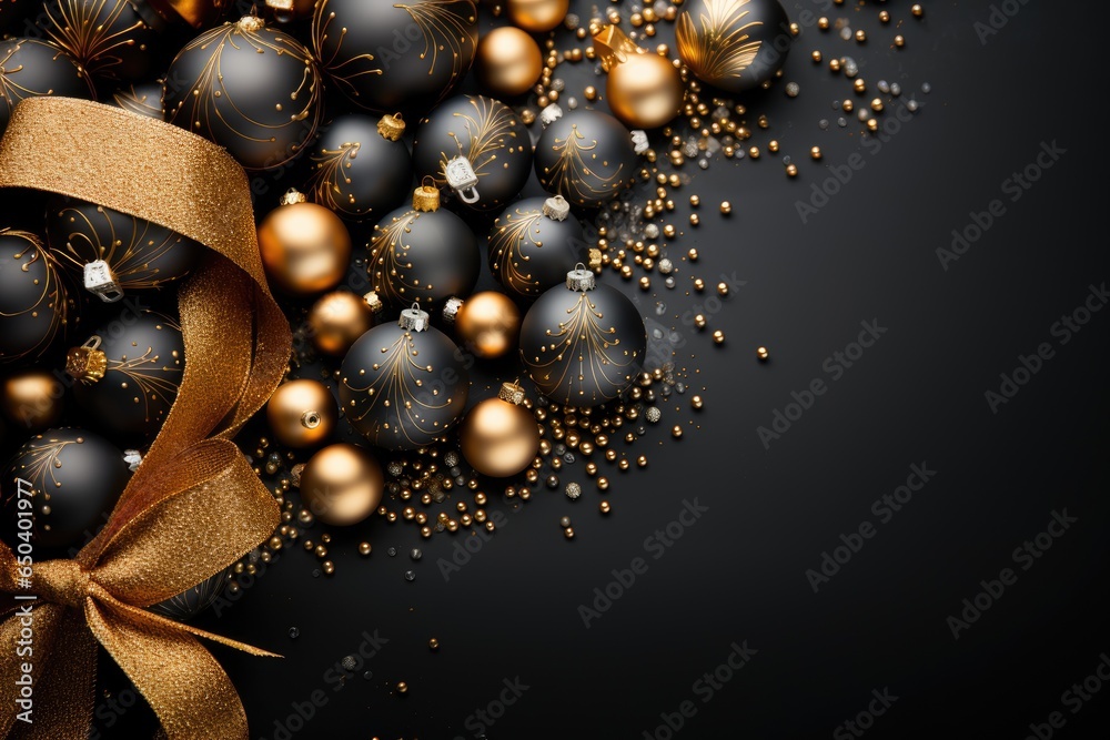 Fancy golden and black christmas background with ornaments. Greeting card mockup Fancy golden and black christmas background with ornaments. Greeting card mockup