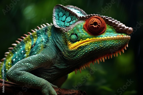 Green chameleon closeup digital. Garden pet. Generate Ai