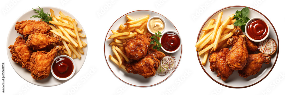 a set of fried chicken with fries and sauces on a plate isolated on a transparent background, top view - obrazy, fototapety, plakaty 