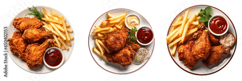 a set of fried chicken with fries and sauces on a plate isolated on a transparent background, top view