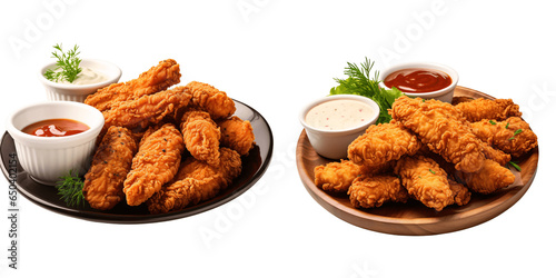 a set of Crispy fried chicken strips with sauces Isolated on a transparent background