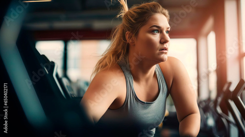 Female serious overweight woman wearing sportswear works out on the treadmill. Smiling girl training in the gym. Sport, training, healthy life, calories, health care, diet and weight loss concept.