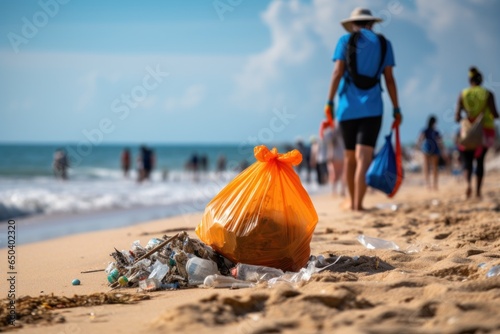 A bag of garbage left on a sandy beach, urging people to clean up and preserve the beauty of the seashore