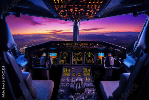 the cockpit of a modern aircraft is a view of the dashboard, the plane is in flight, clouds and dawn are outside the window