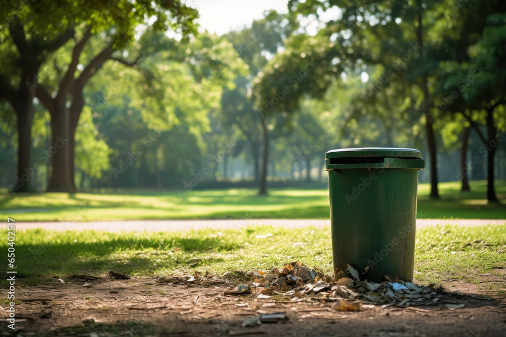 A trash can in the middle of a park, surrounded by nature