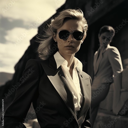 AI generated illustration of a young woman wearing a classic suit and sunglasses