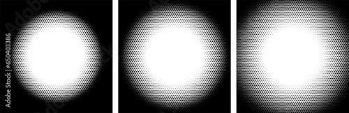 Halftone effect gradient black dots with offset. Square frame border with round circle transition inside. 