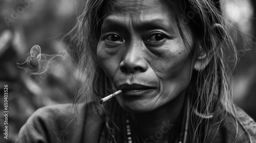 Portrait of fictitious old filipina smoking a cigarette AI generative
