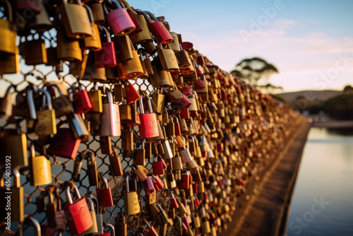 A community art installation where people place symbolic locks on a bridge, signifying their commitment to ending mental health stigma. Concept of unity and hope. Generative Ai.