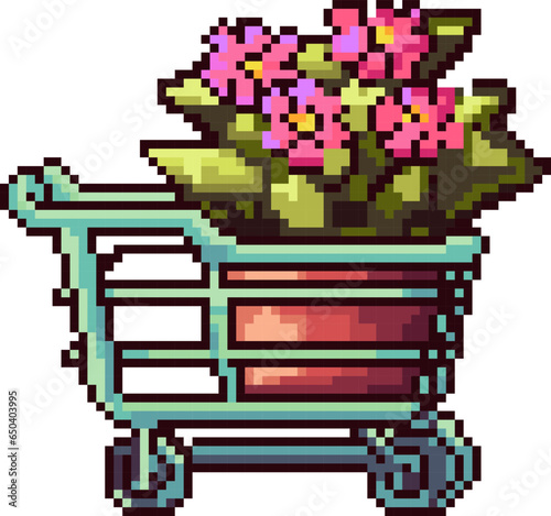 Pixel art illustration cart market for flower shop. Pixelated cart. cart shop icon pixelated for the pixel art game and icon for website and video game
