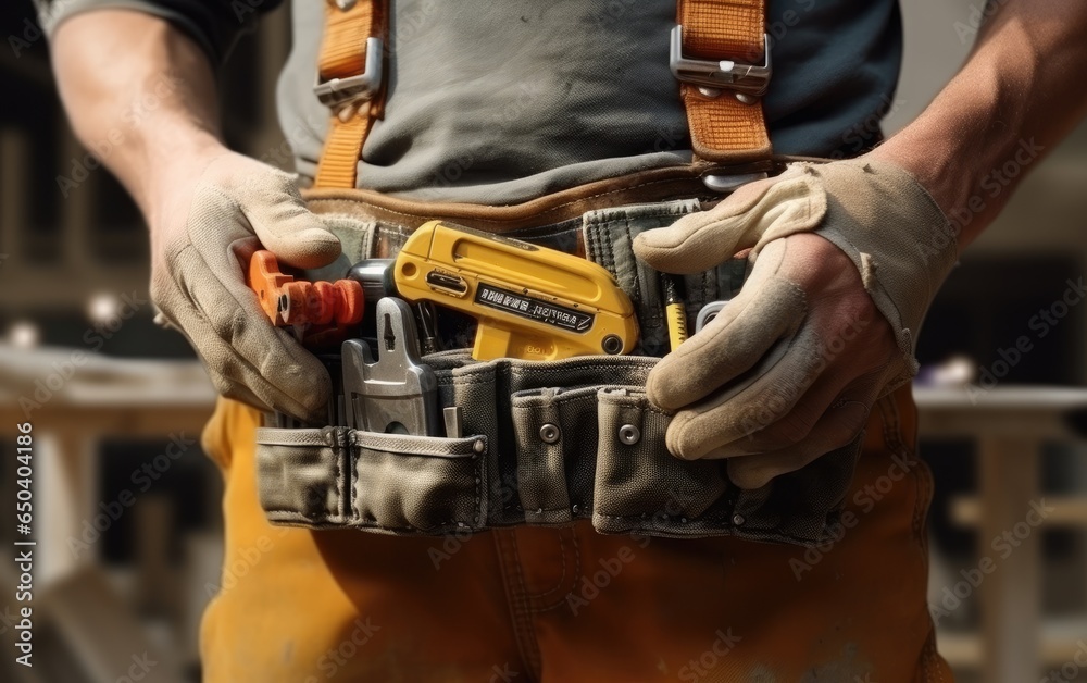 Handyman with tools belt and artisan equipment. Generative AI