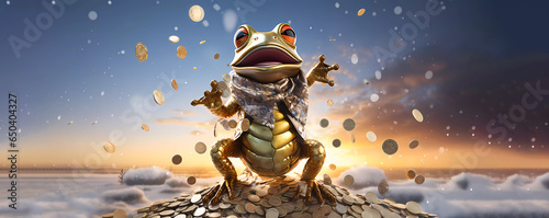 Golden frog. The frog stands on gold coins. Banner. Wallpaper. Copy space. Generated AI. Edited in Photoshop.