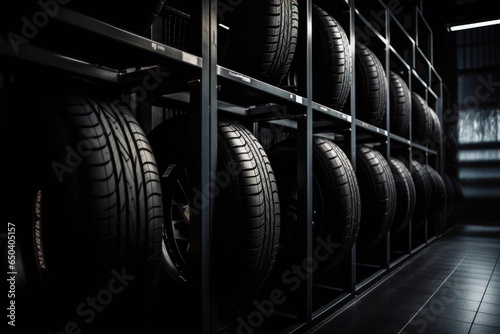 A close-up of car tires arranged neatly on a warehouse shelf, ready for use by automotive enthusiasts and professionals alike. AI Generative technology has created this stunning image.
