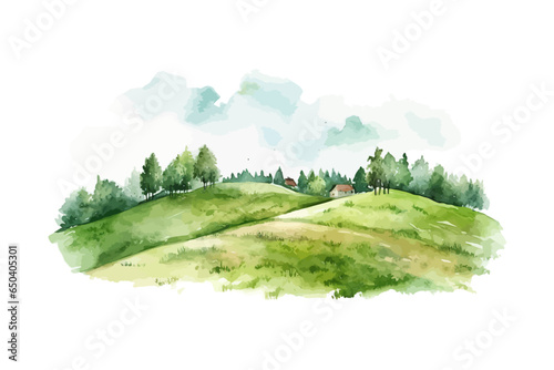 Watercolor field on small hills. Meadow green grass. Vector illustration design.