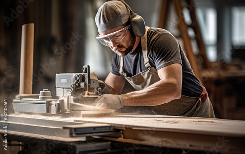 Young male carpenter builder working with a wooden bar with a milling machine in the workshop. Generative AI