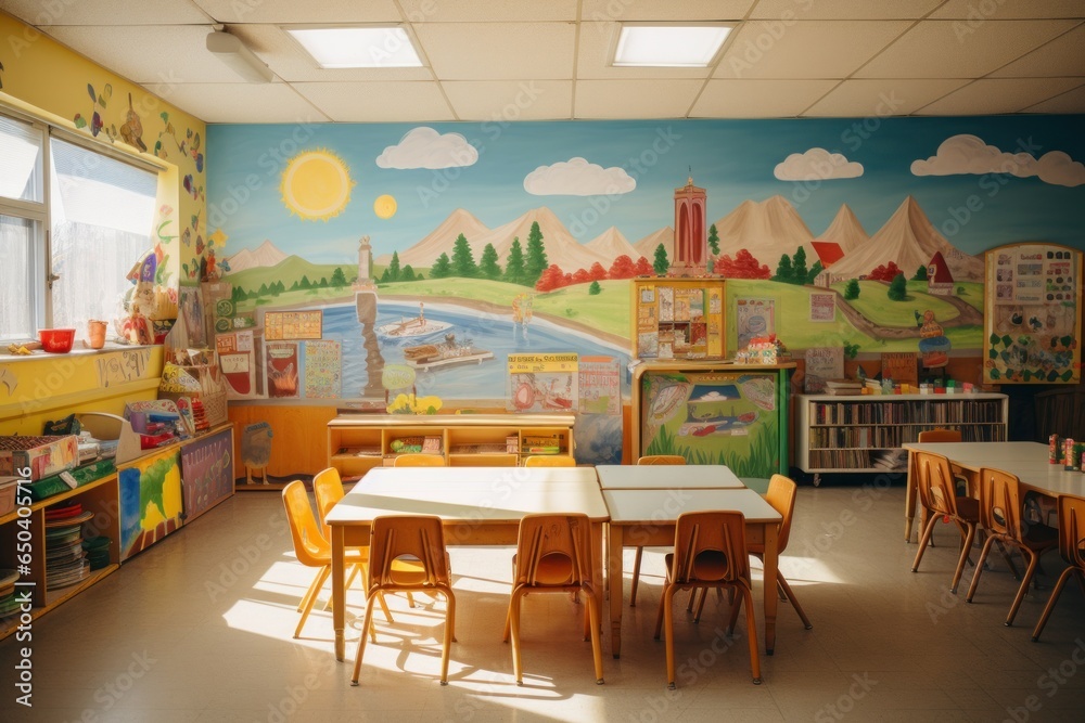 Playful Classroom preschool. Nursery interior toy. Generate Ai - obrazy, fototapety, plakaty 