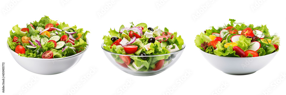 A set of three Yummy salad bowls isolated on a transparent background - obrazy, fototapety, plakaty 