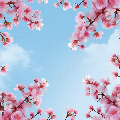 Frame of sakura branches with blue sky background
