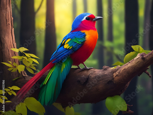 Cute hummingbird bird with colorful plumage and A colorful bird sits on a branch in the forest