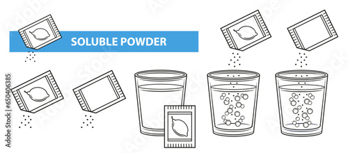 Soluble medical powder, open vitamin sachet packet, pharmacy medicine dissolve in glass water icon set. Dose medicament. Citrus lemon fruit tea drink for health. Pour sugar food from stick pack Vector
