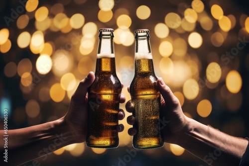 Clinking Bottles Of Beer Party Vibrant Background Generative AI