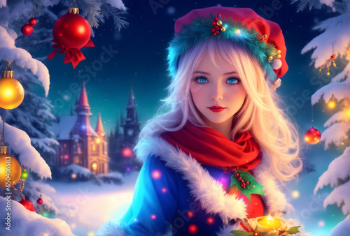 Christmas. Blonde girl in Christmas clothes against a background of snow, Christmas trees with decorations and a castle. Very bright and colorful. The picture was created with Generative AI technology
